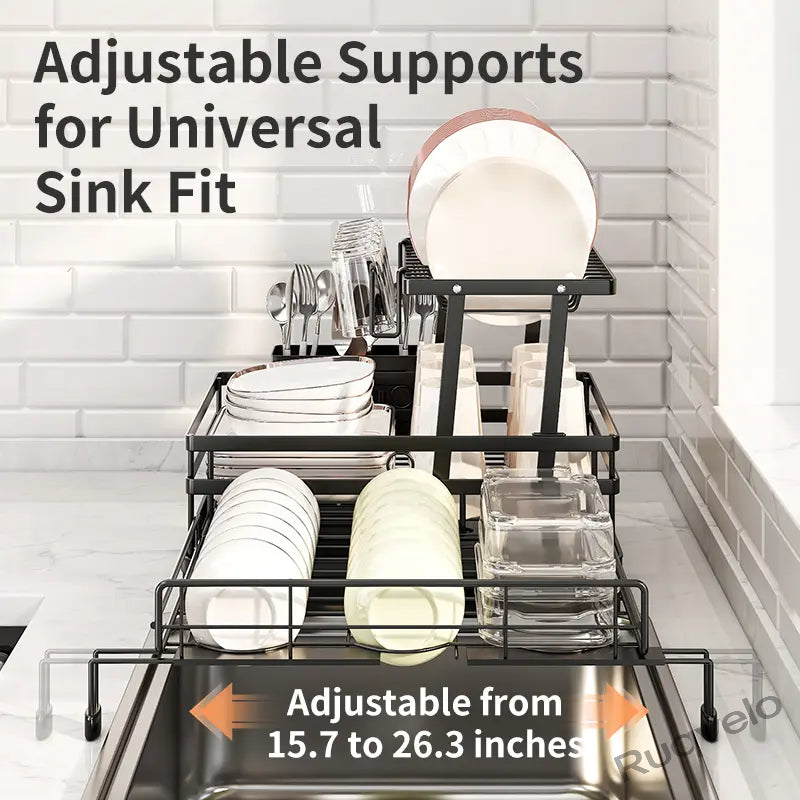 Foldable Over Sink Dish Drying Rack, Expandable Heavy-Duty Carbon Steel Dish Rack for Kitchen Counter, Space-Saving Organizer for Plates, Bowls & Utensils