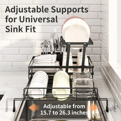 Foldable Over Sink Dish Drying Rack, Expandable Heavy-Duty Carbon Steel Dish Rack for Kitchen Counter, Space-Saving Organizer for Plates, Bowls & Utensils