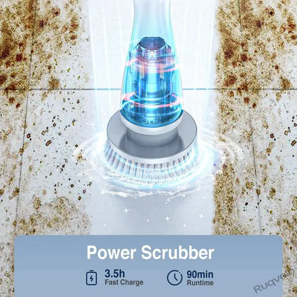 Electric Spin Scrubber with 8 Brush Heads, Cordless Shower Cleaning Brush with 3 Speeds, IPX7 Waterproof, Extendable Handle, LCD Display & Long Battery Life