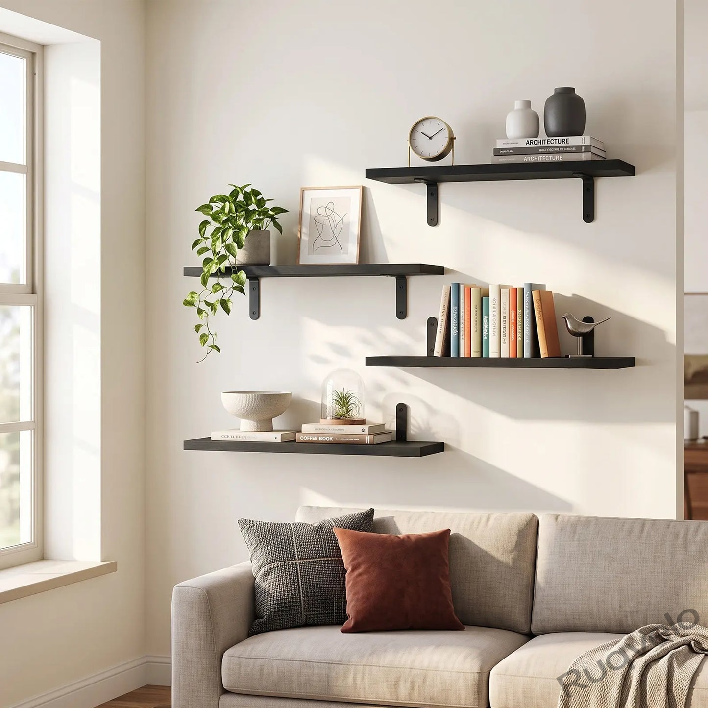 Set of 4 Floating Wall Shelves, Black & White Wood Wall-Mounted Storage Organizer, Space-Saving Display Shelves for Bedroom, Dorm, Bathroom & Living Room Decor