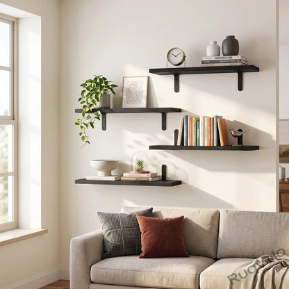 Set of 4 Floating Wall Shelves, Black & White Wood Wall-Mounted Storage Organizer, Space-Saving Display Shelves for Bedroom, Dorm, Bathroom & Living Room Decor