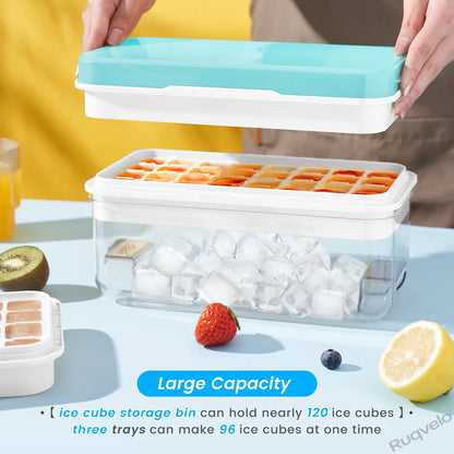 Stackable Ice Cube Tray Set with Lid and Storage Bin, 64/96 Cube BPA-Free Ice Molds, Easy-Release Design with Scoop for Freezer, Kitchen, Home & Parties