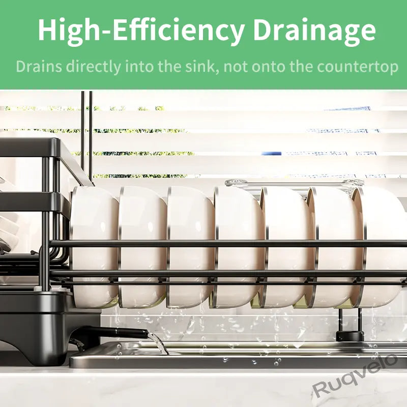 Foldable Over Sink Dish Drying Rack, Expandable Heavy-Duty Carbon Steel Dish Rack for Kitchen Counter, Space-Saving Organizer for Plates, Bowls & Utensils