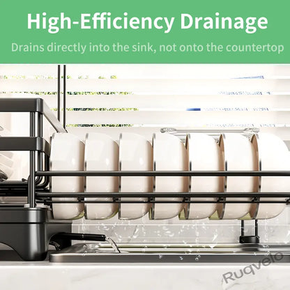 Foldable Over Sink Dish Drying Rack, Expandable Heavy-Duty Carbon Steel Dish Rack for Kitchen Counter, Space-Saving Organizer for Plates, Bowls & Utensils