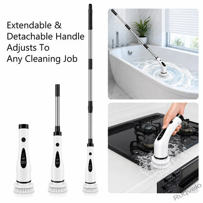 Electric Spin Scrubber with 8 Brush Heads, Cordless Shower Cleaning Brush with 3 Speeds, IPX7 Waterproof, Extendable Handle, LCD Display & Long Battery Life