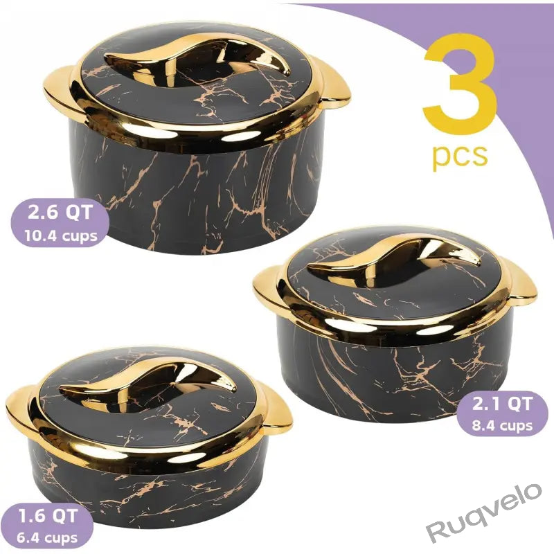 3-Piece Marble Pattern Food Warmer Set, Insulated Stainless Steel Casserole Dishes with Lids, Heat-Resistant Serving Bowls for Buffets, Parties, Soup, Salad & More