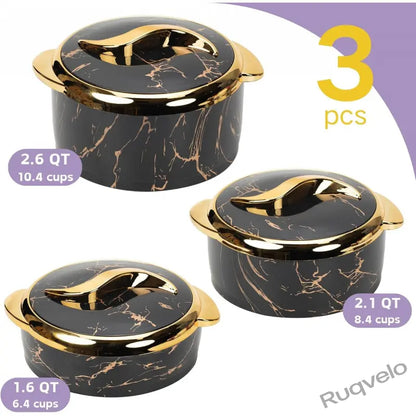 3-Piece Marble Pattern Food Warmer Set, Insulated Stainless Steel Casserole Dishes with Lids, Heat-Resistant Serving Bowls for Buffets, Parties, Soup, Salad & More