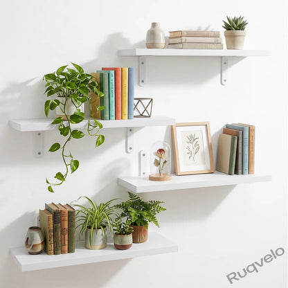 Set of 4 Floating Wall Shelves, Black & White Wood Wall-Mounted Storage Organizer, Space-Saving Display Shelves for Bedroom, Dorm, Bathroom & Living Room Decor