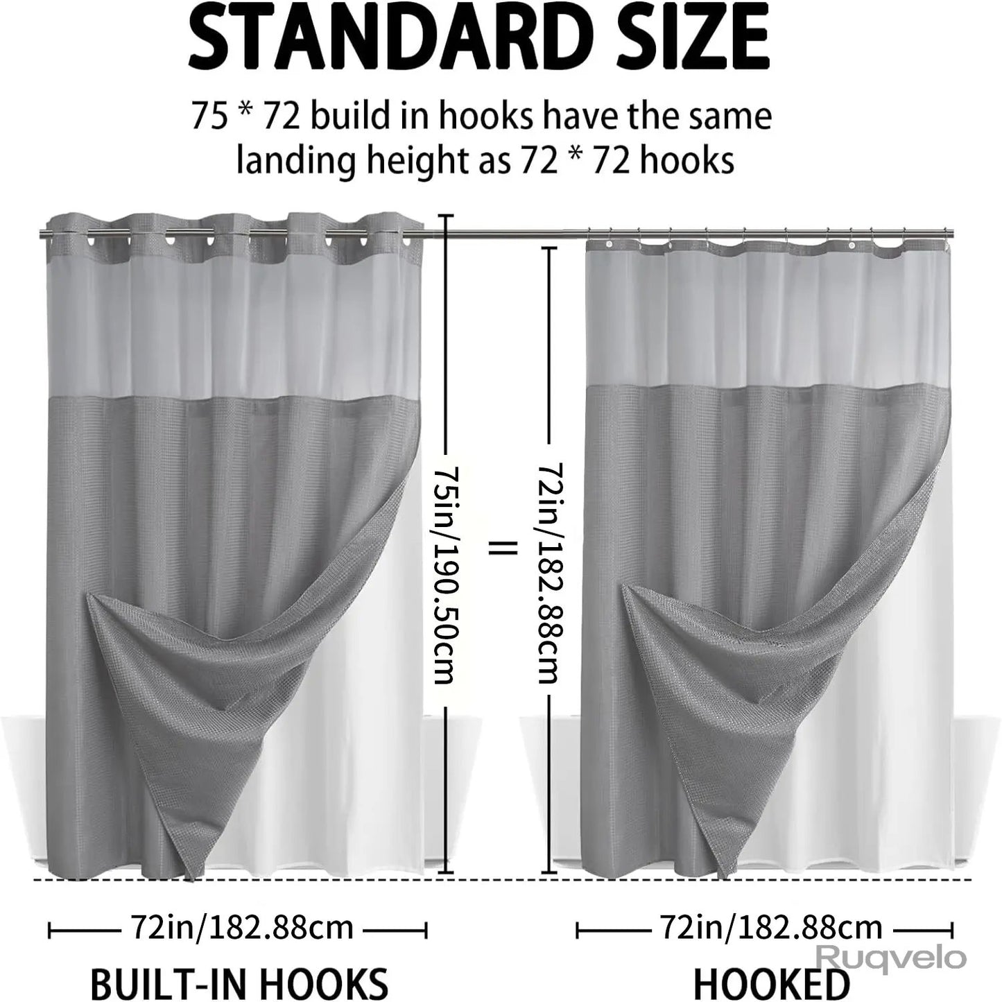 No-Hook Waffle Weave Shower Curtain with Snap-In Liner, Waterproof Double-Layer Shower Curtain with Washable Liner, 72 x 75 Inch, Easy to Install