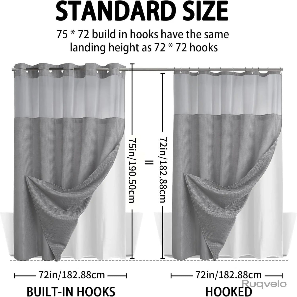No-Hook Waffle Weave Shower Curtain with Snap-In Liner, Waterproof Double-Layer Shower Curtain with Washable Liner, 72 x 75 Inch, Easy to Install