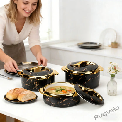 3-Piece Marble Pattern Food Warmer Set, Insulated Stainless Steel Casserole Dishes with Lids, Heat-Resistant Serving Bowls for Buffets, Parties, Soup, Salad & More