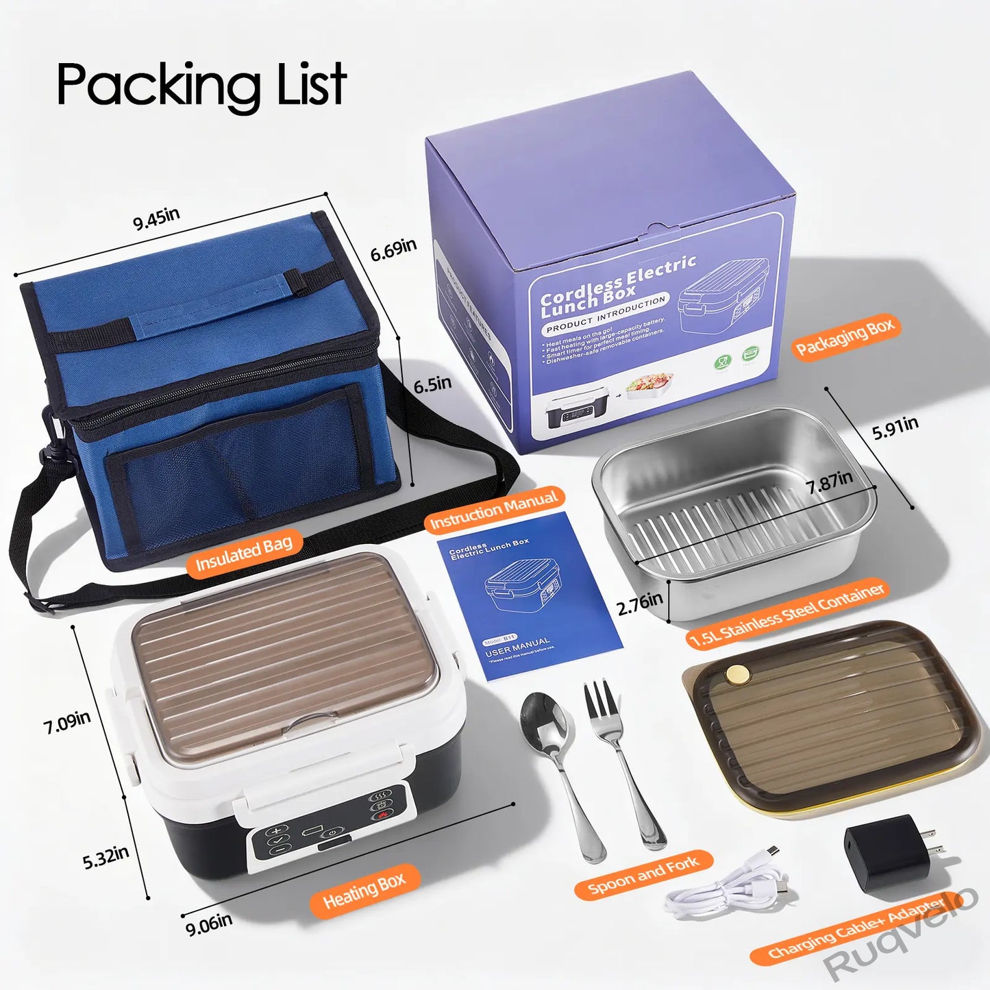 Cordless Electric Heated Lunch Box, 1.5L (6.3 Cups) Portable Food Warmer with 20000mAh Rechargeable Battery, Auto Heating, Smart Timer, Spoon, Insulated Bag & Divider