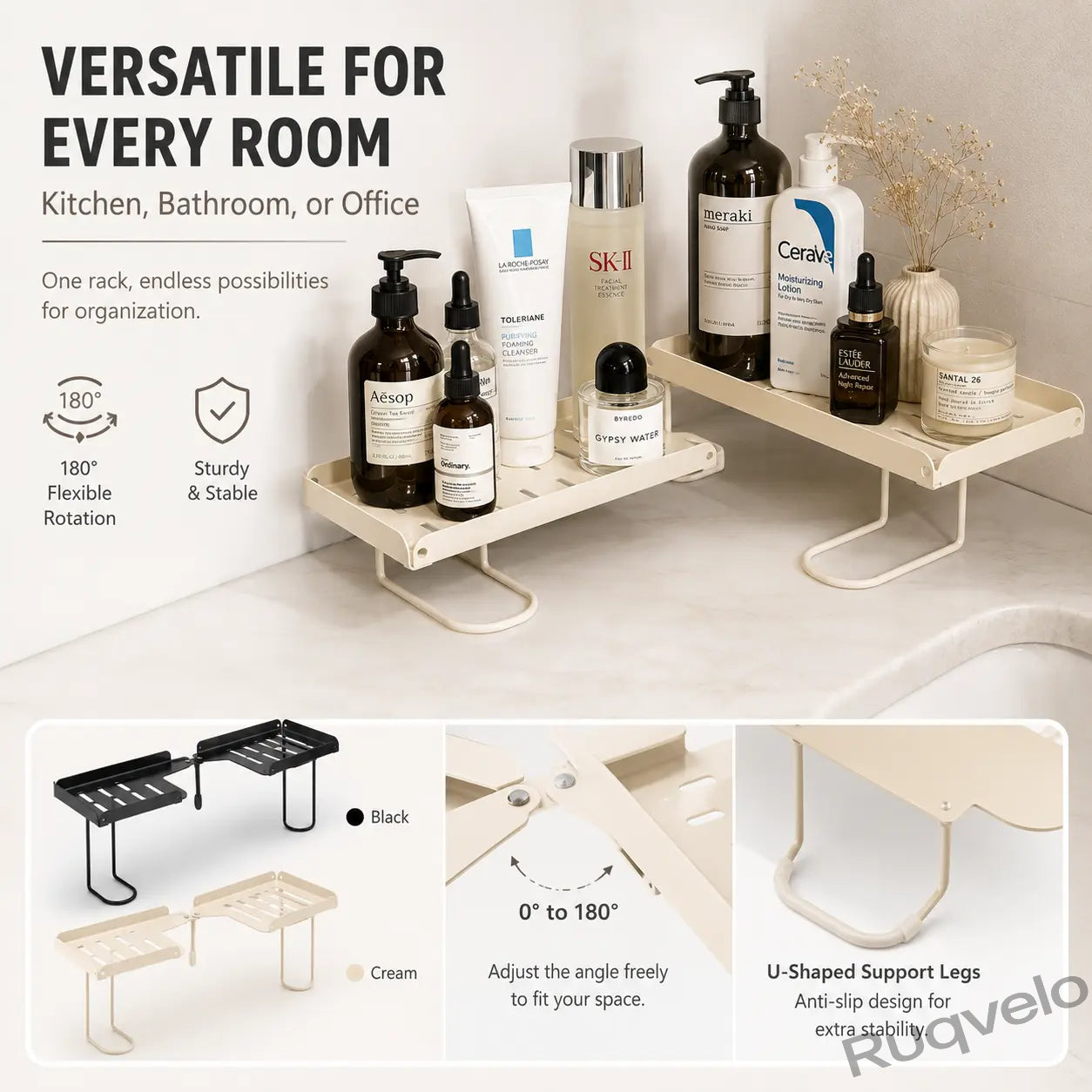 Foldable Over-the-Sink Shelf Organizer, No-Drill Adjustable Storage Rack with Legs for Kitchen & Bathroom, Space-Saving Countertop Caddy, Easy-Drain Design