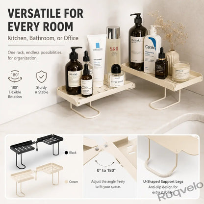 Foldable Over-the-Sink Shelf Organizer, No-Drill Adjustable Storage Rack with Legs for Kitchen & Bathroom, Space-Saving Countertop Caddy, Easy-Drain Design