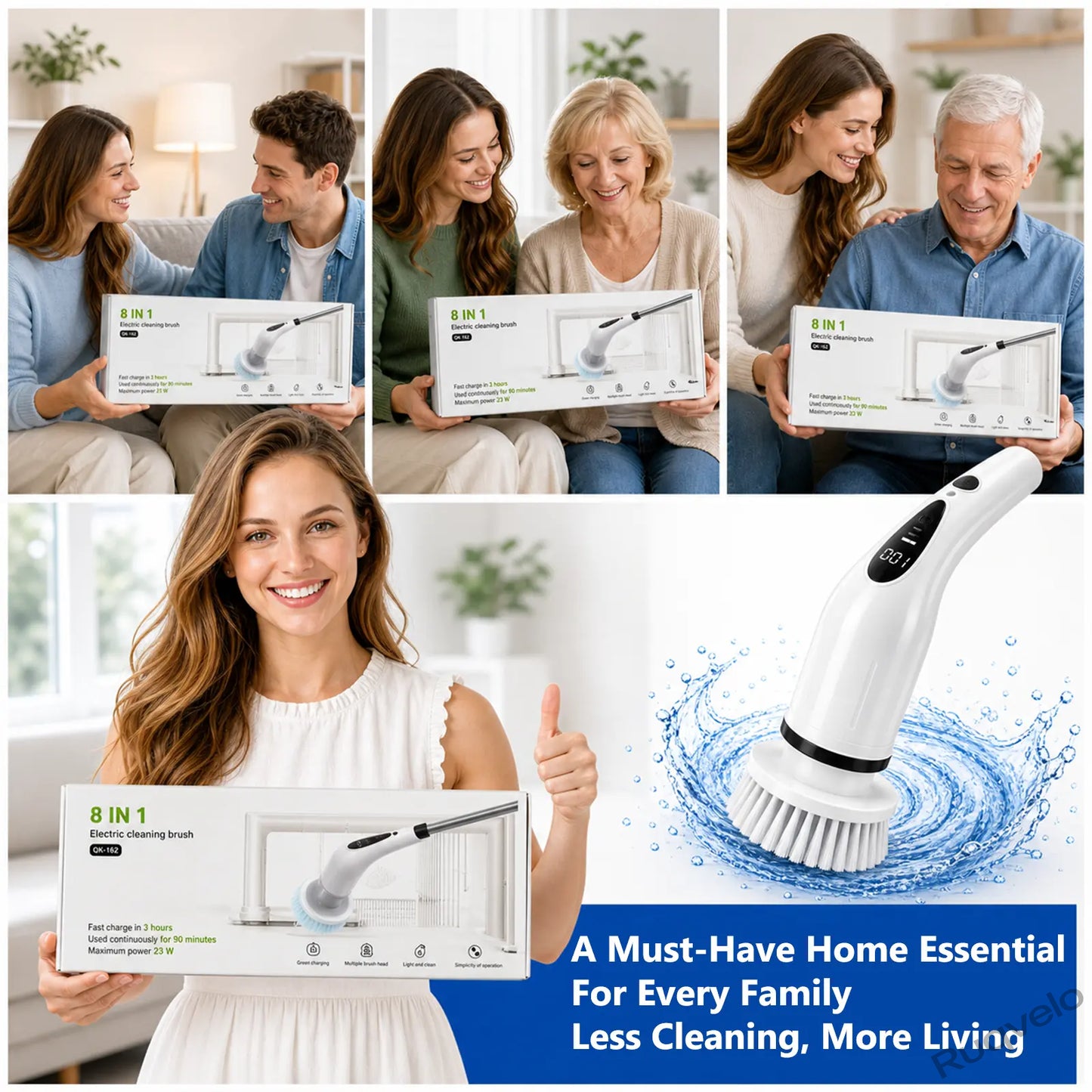 Electric Spin Scrubber with 8 Brush Heads, Cordless Shower Cleaning Brush with 3 Speeds, IPX7 Waterproof, Extendable Handle, LCD Display & Long Battery Life