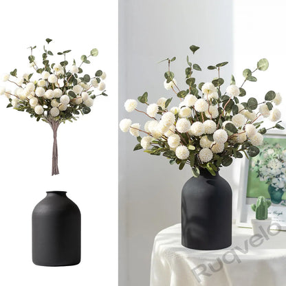 Artificial Flowers in Vase, 12-Stem Faux Mums with Eucalyptus & Pom Poms, Decorative Floral Centerpiece for Kitchen Island, Entryway, Table & Dorm