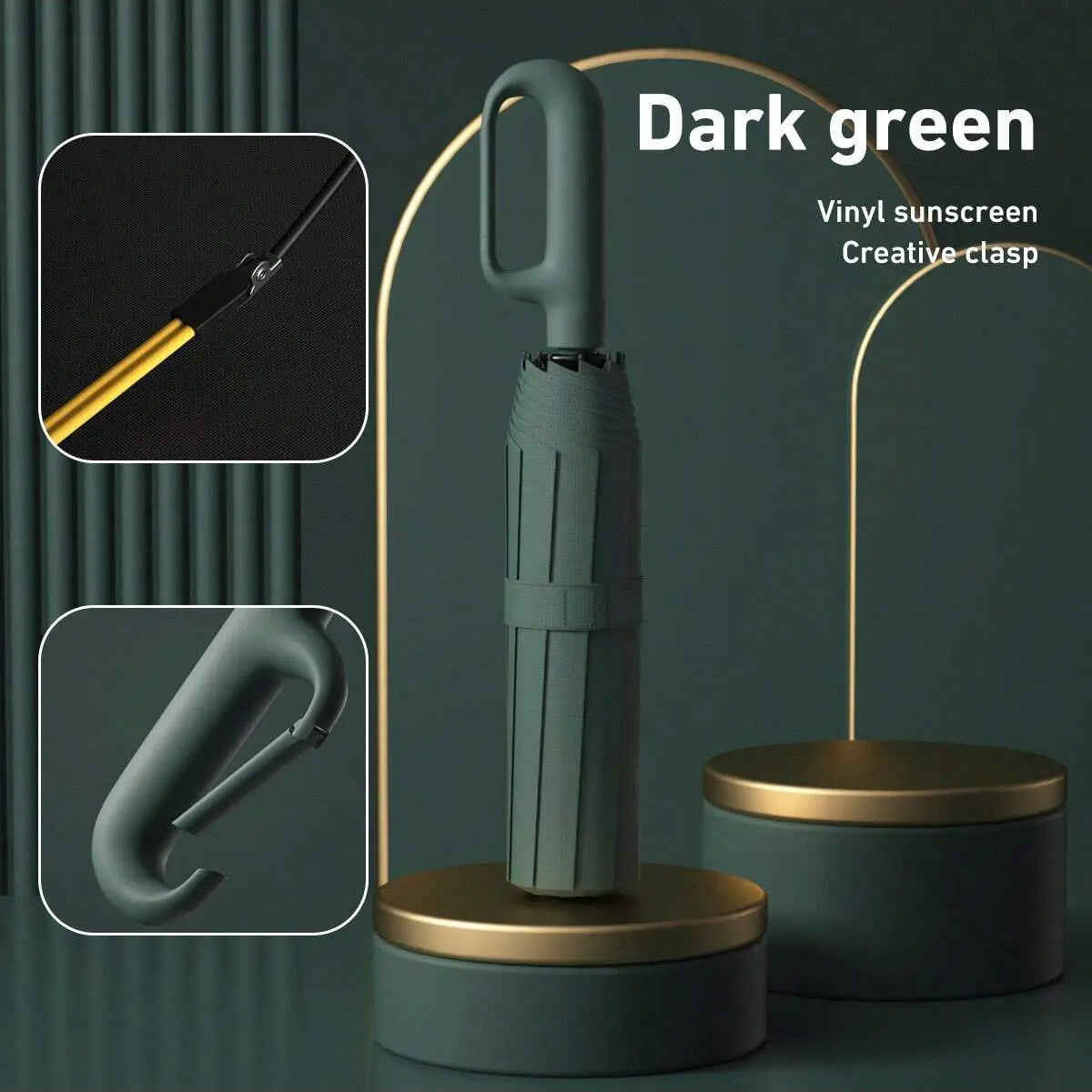 Women's Green Automatic Folding Umbrella, Compact Windproof Travel Umbrella with Ring Buckle, Reinforced Waterproof Design, UV Sun & Rain Protection for Outdoor Use