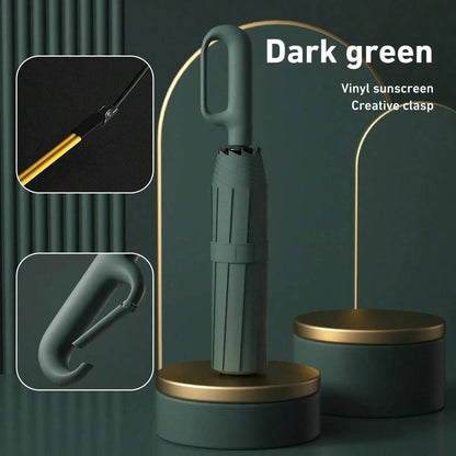 Women's Green Automatic Folding Umbrella, Compact Windproof Travel Umbrella with Ring Buckle, Reinforced Waterproof Design, UV Sun & Rain Protection for Outdoor Use