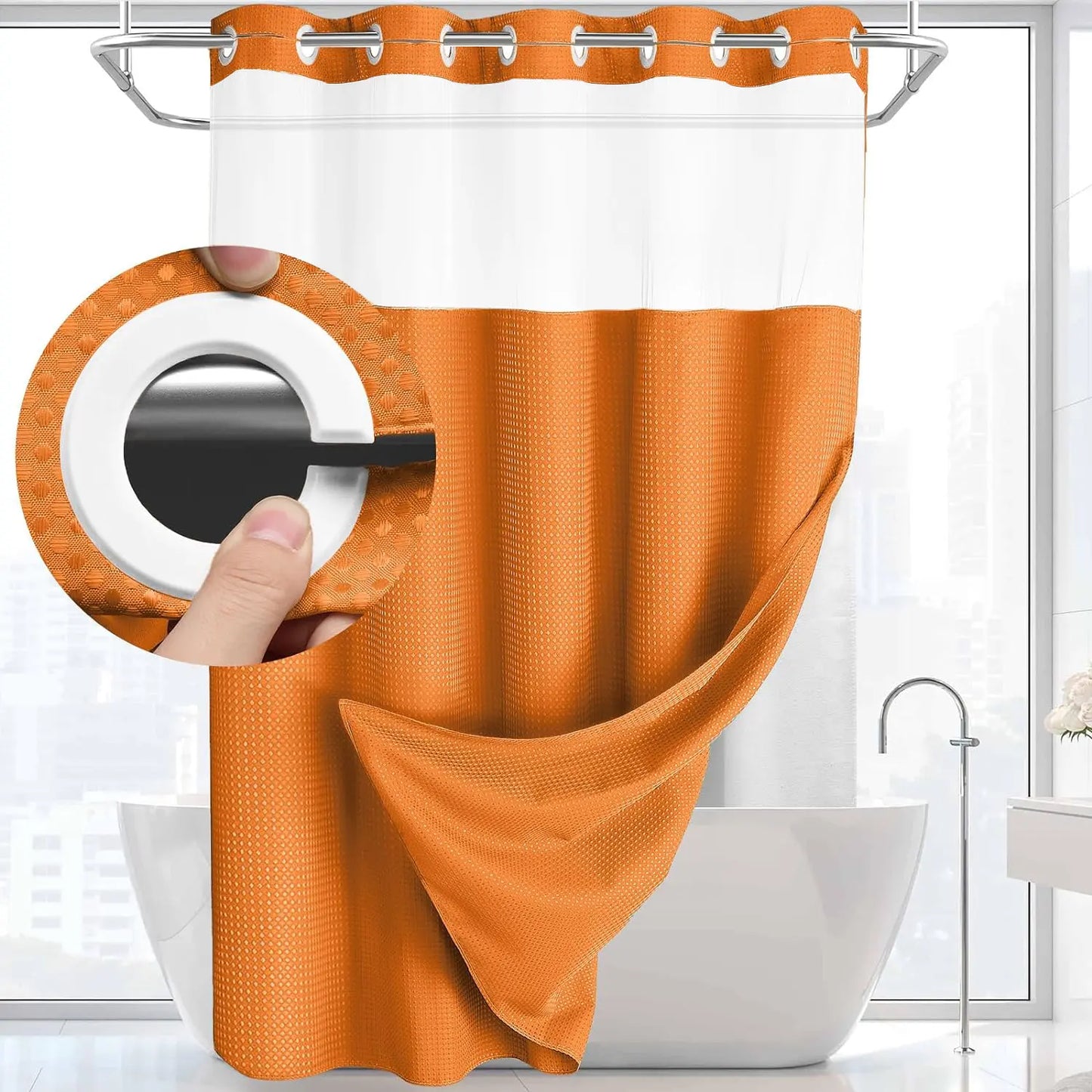 No-Hook Waffle Weave Shower Curtain with Snap-In Liner, Waterproof Double-Layer Shower Curtain with Washable Liner, 72 x 75 Inch, Easy to Install