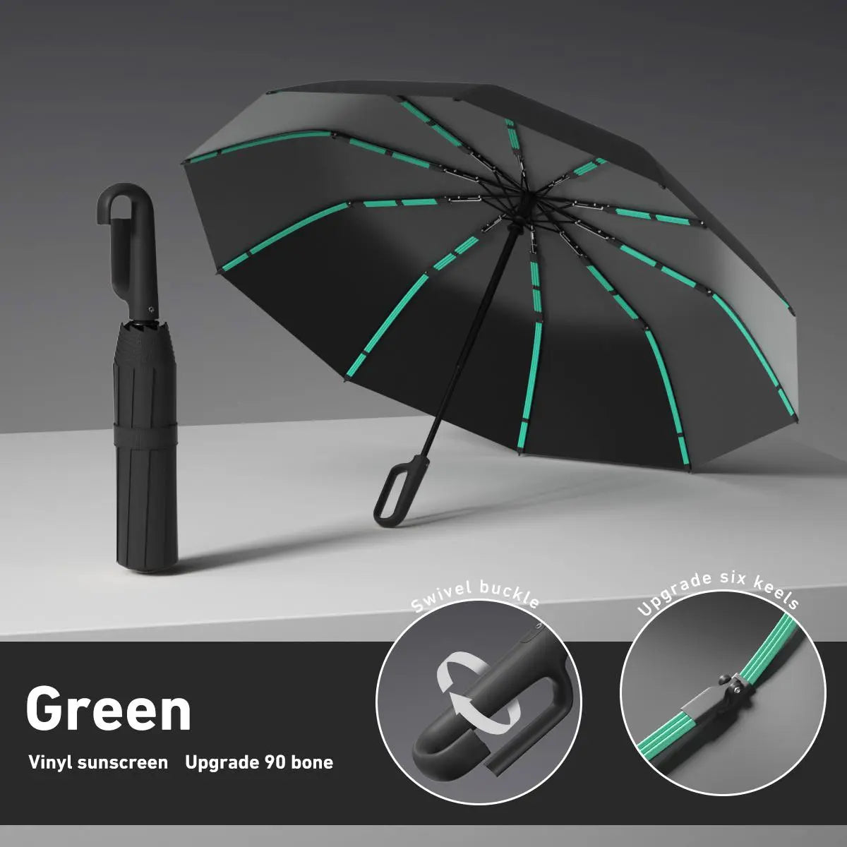 Women's Green Automatic Folding Umbrella, Compact Windproof Travel Umbrella with Ring Buckle, Reinforced Waterproof Design, UV Sun & Rain Protection for Outdoor Use