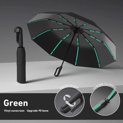 Women's Green Automatic Folding Umbrella, Compact Windproof Travel Umbrella with Ring Buckle, Reinforced Waterproof Design, UV Sun & Rain Protection for Outdoor Use