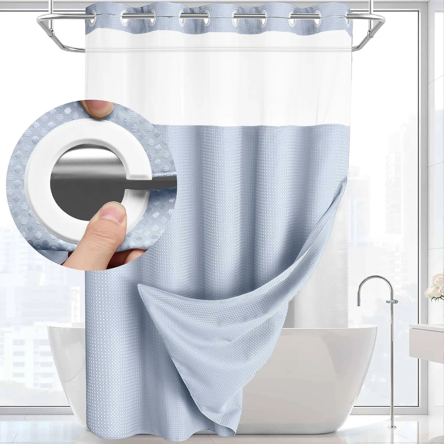 No-Hook Waffle Weave Shower Curtain with Snap-In Liner, Waterproof Double-Layer Shower Curtain with Washable Liner, 72 x 75 Inch, Easy to Install