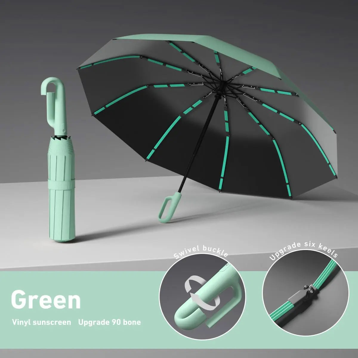 Women's Green Automatic Folding Umbrella, Compact Windproof Travel Umbrella with Ring Buckle, Reinforced Waterproof Design, UV Sun & Rain Protection for Outdoor Use