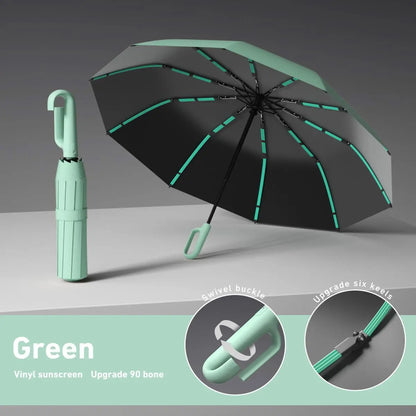 Women's Green Automatic Folding Umbrella, Compact Windproof Travel Umbrella with Ring Buckle, Reinforced Waterproof Design, UV Sun & Rain Protection for Outdoor Use