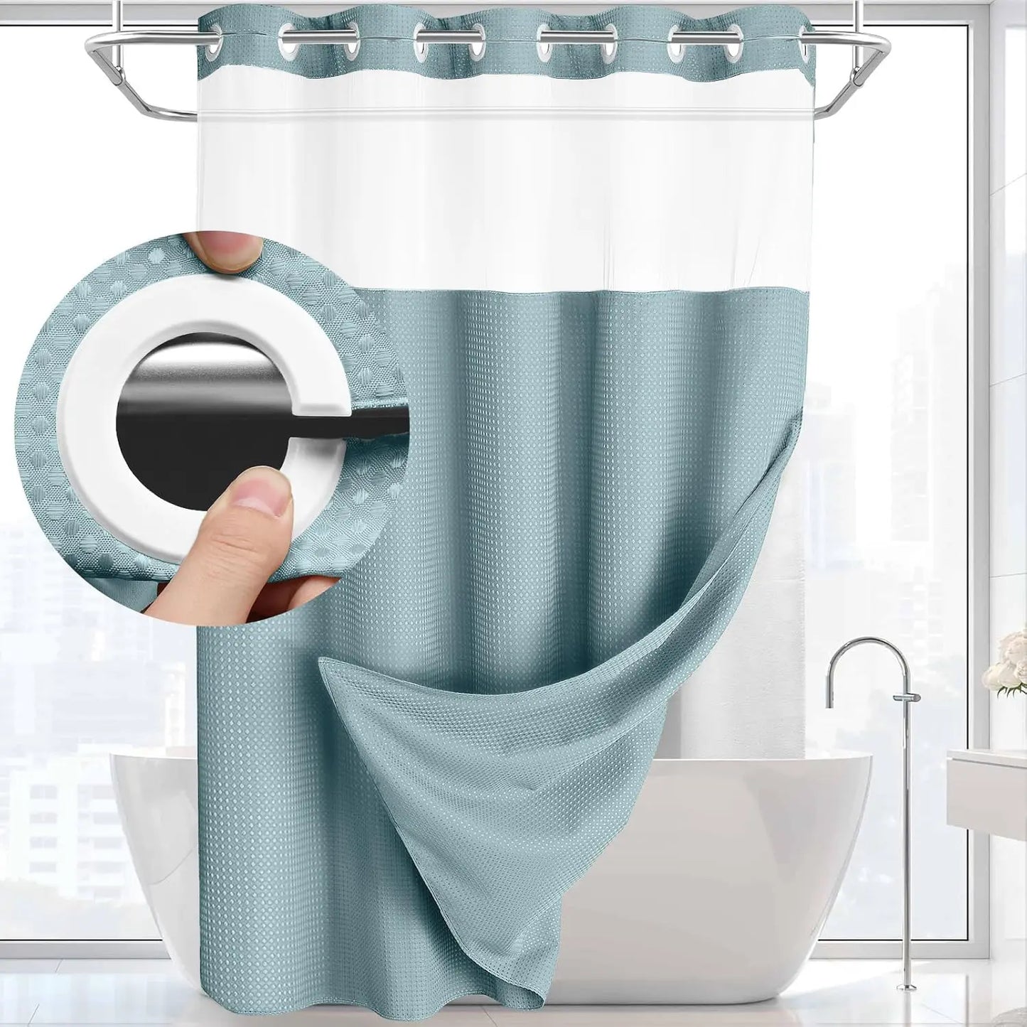 No-Hook Waffle Weave Shower Curtain with Snap-In Liner, Waterproof Double-Layer Shower Curtain with Washable Liner, 72 x 75 Inch, Easy to Install