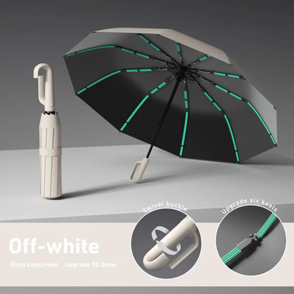 Women's Green Automatic Folding Umbrella, Compact Windproof Travel Umbrella with Ring Buckle, Reinforced Waterproof Design, UV Sun & Rain Protection for Outdoor Use