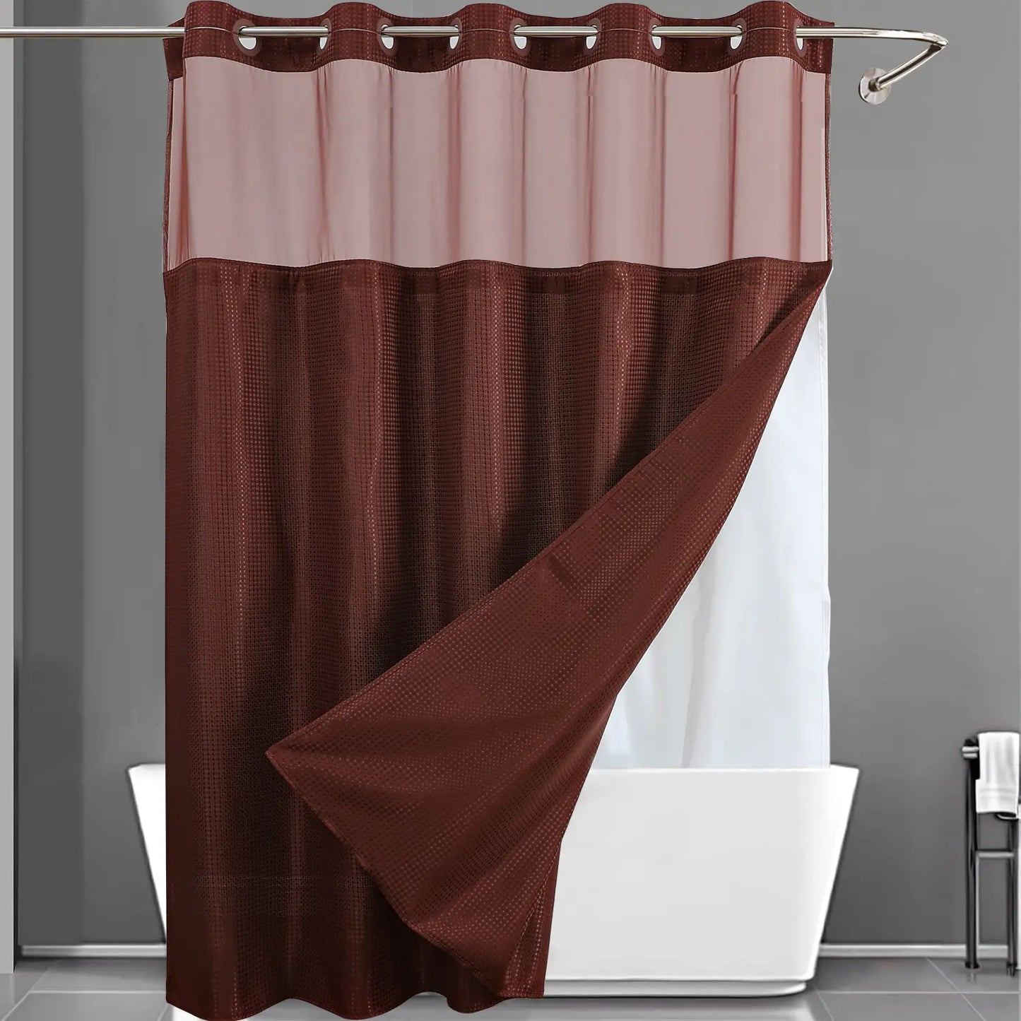 No-Hook Waffle Weave Shower Curtain with Snap-In Liner, Waterproof Double-Layer Shower Curtain with Washable Liner, 72 x 75 Inch, Easy to Install