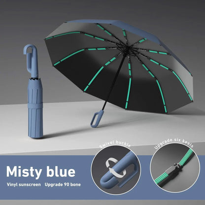Women's Green Automatic Folding Umbrella, Compact Windproof Travel Umbrella with Ring Buckle, Reinforced Waterproof Design, UV Sun & Rain Protection for Outdoor Use