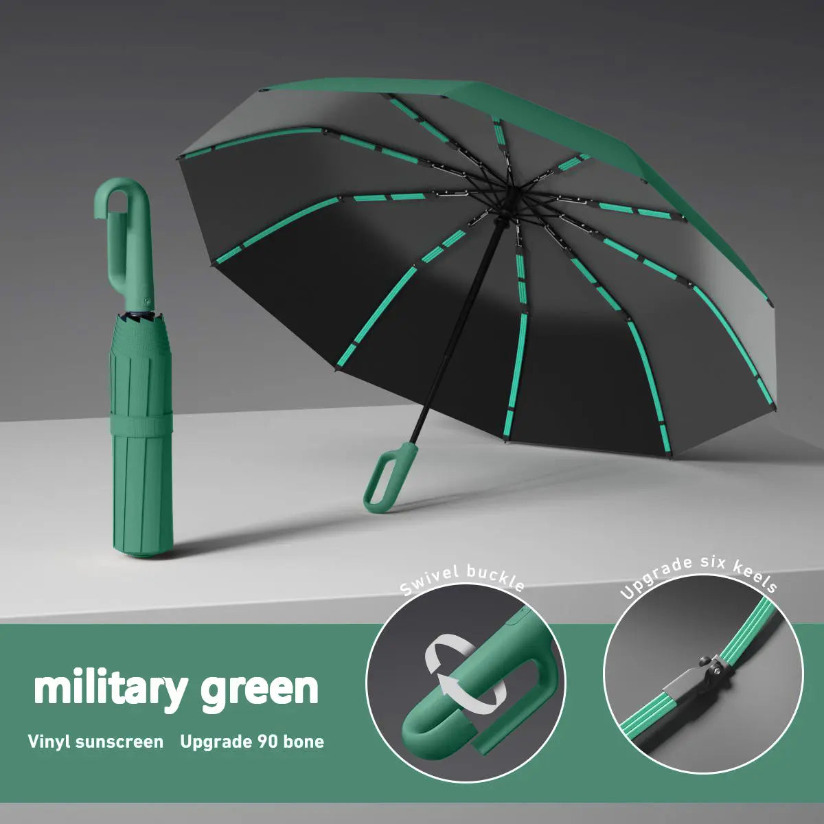 Women's Green Automatic Folding Umbrella, Compact Windproof Travel Umbrella with Ring Buckle, Reinforced Waterproof Design, UV Sun & Rain Protection for Outdoor Use