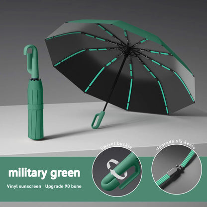 Women's Green Automatic Folding Umbrella, Compact Windproof Travel Umbrella with Ring Buckle, Reinforced Waterproof Design, UV Sun & Rain Protection for Outdoor Use
