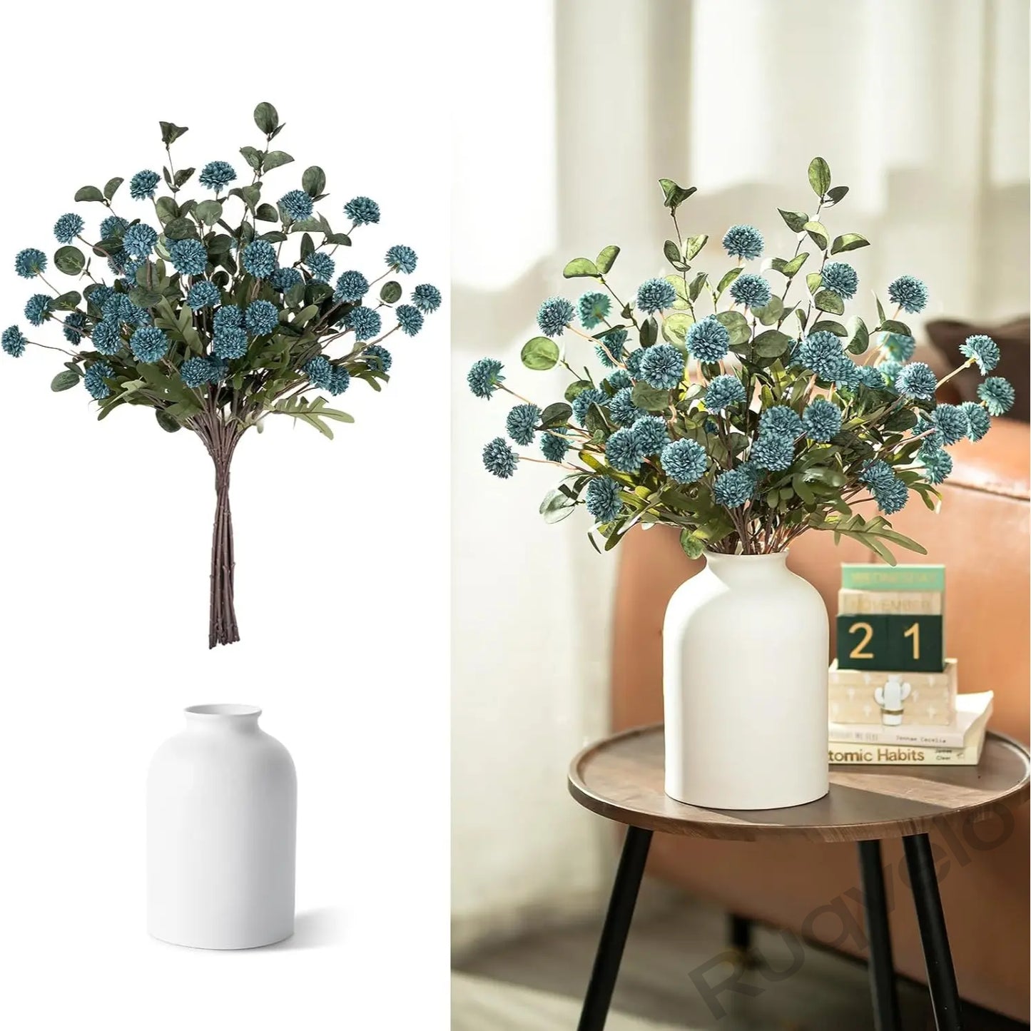 Artificial Flowers in Vase, 12-Stem Faux Mums with Eucalyptus & Pom Poms, Decorative Floral Centerpiece for Kitchen Island, Entryway, Table & Dorm
