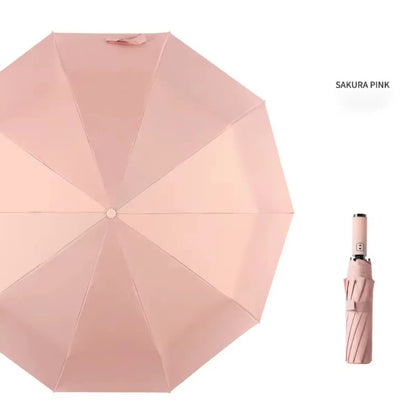 Women's Green Automatic Folding Umbrella, Compact Windproof Travel Umbrella with Ring Buckle, Reinforced Waterproof Design, UV Sun & Rain Protection for Outdoor Use
