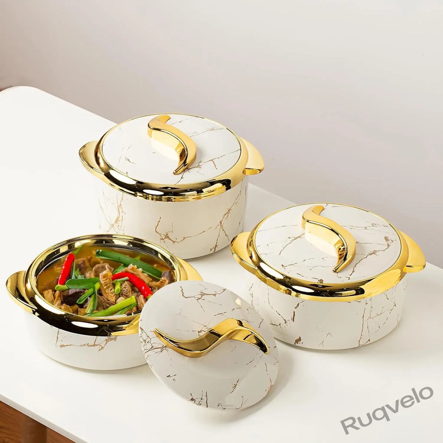 3-Piece Marble Pattern Food Warmer Set, Insulated Stainless Steel Casserole Dishes with Lids, Heat-Resistant Serving Bowls for Buffets, Parties, Soup, Salad & More