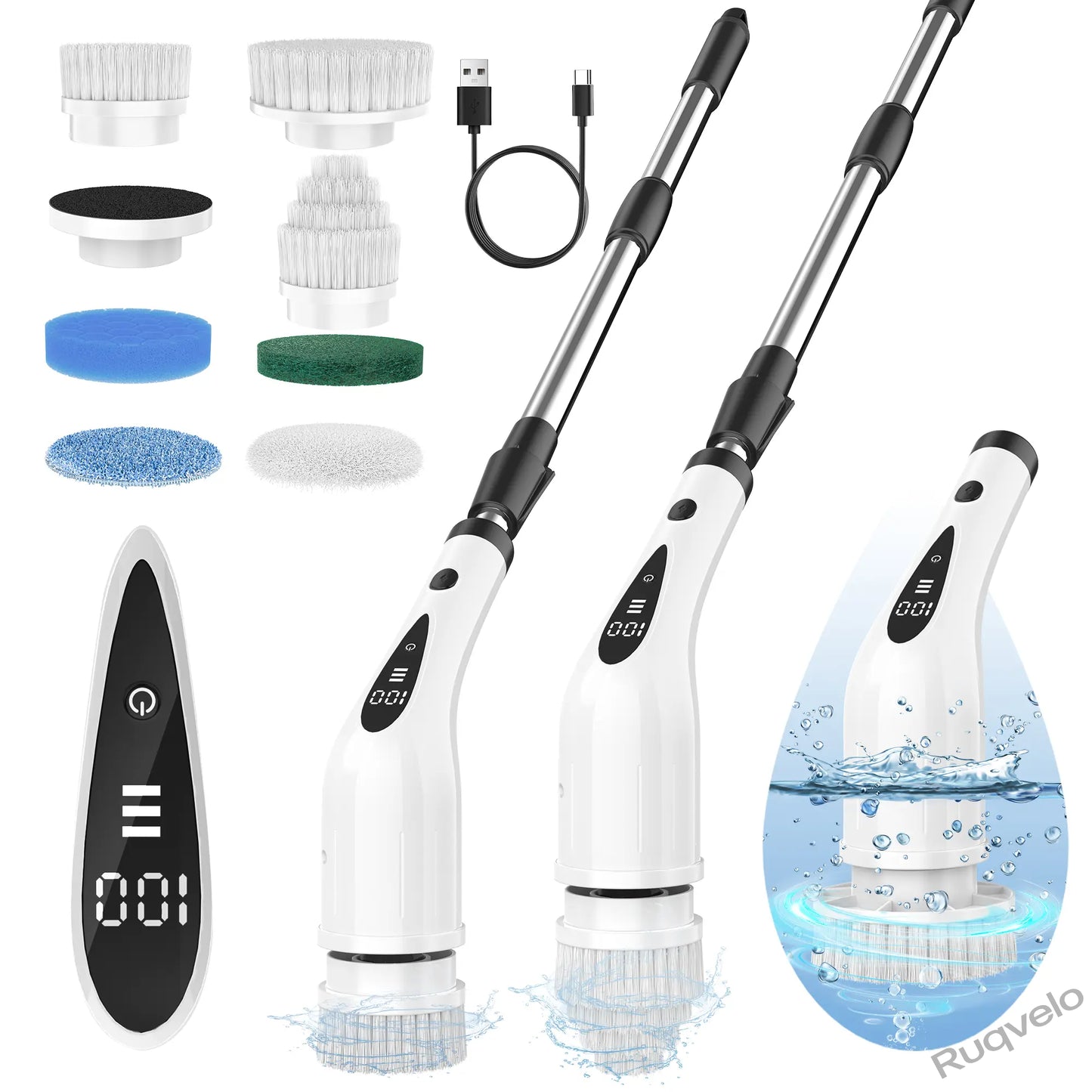 Electric Spin Scrubber with 8 Brush Heads, Cordless Shower Cleaning Brush with 3 Speeds, IPX7 Waterproof, Extendable Handle, LCD Display & Long Battery Life