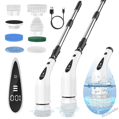 Electric Spin Scrubber with 8 Brush Heads, Cordless Shower Cleaning Brush with 3 Speeds, IPX7 Waterproof, Extendable Handle, LCD Display & Long Battery Life
