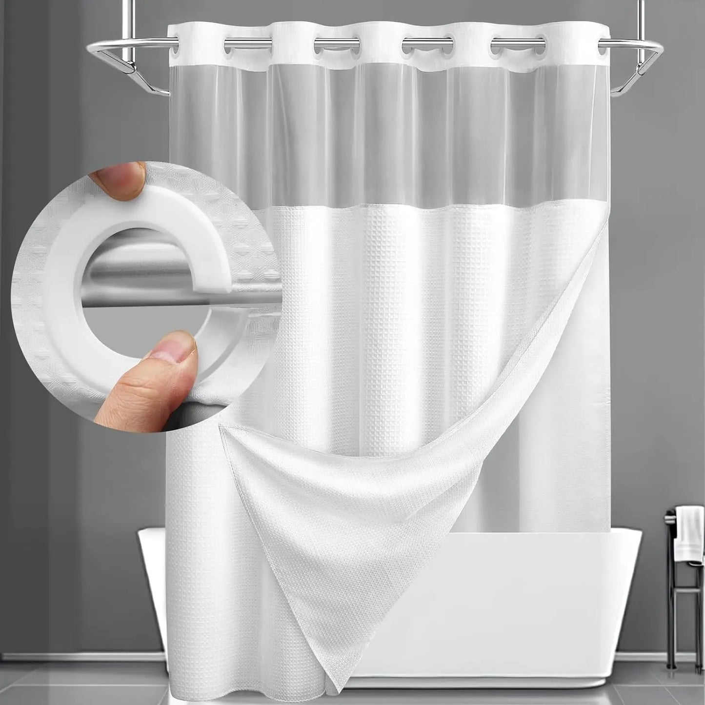 No-Hook Waffle Weave Shower Curtain with Snap-In Liner, Waterproof Double-Layer Shower Curtain with Washable Liner, 72 x 75 Inch, Easy to Install
