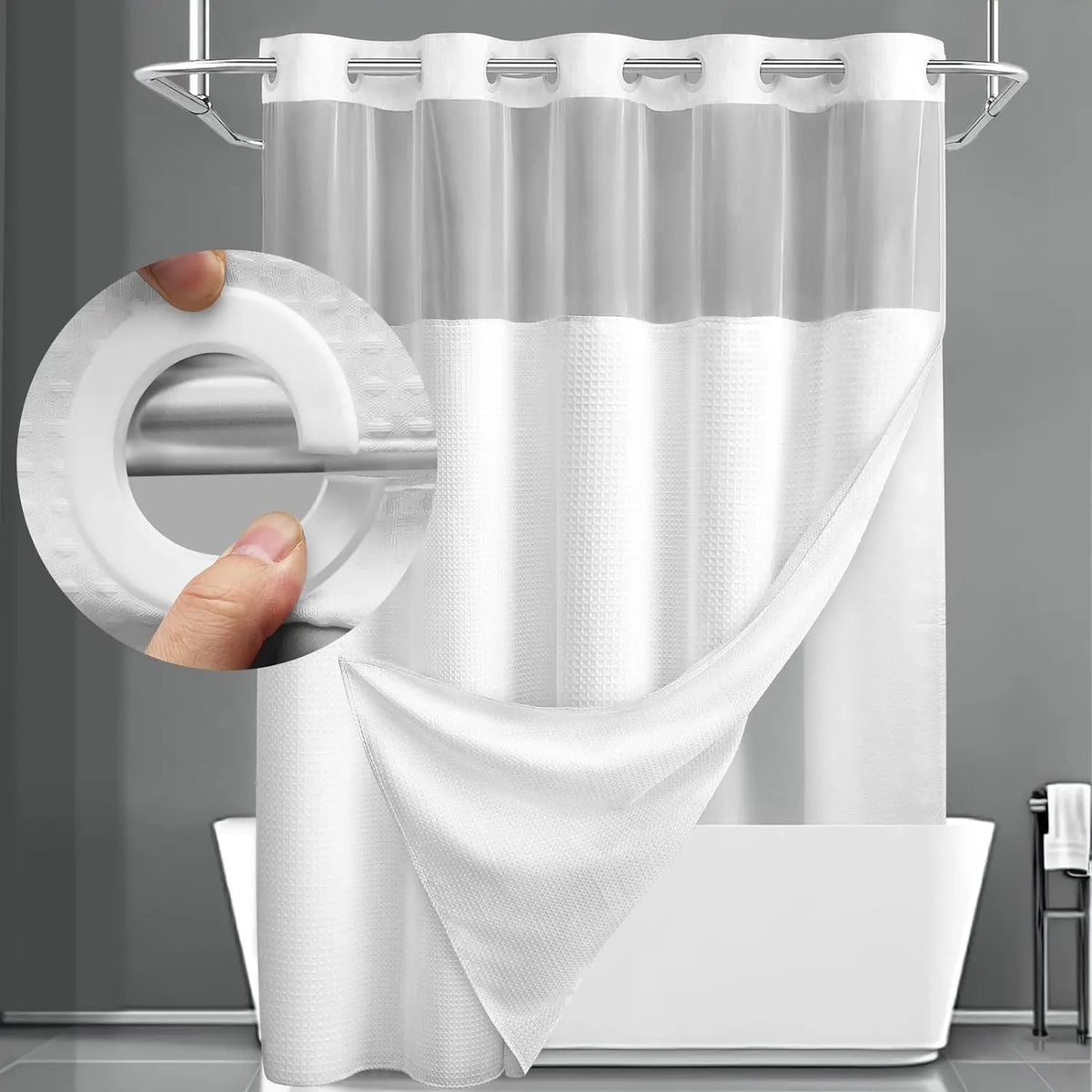 No-Hook Waffle Weave Shower Curtain with Snap-In Liner, Waterproof Double-Layer Shower Curtain with Washable Liner, 72 x 75 Inch, Easy to Install