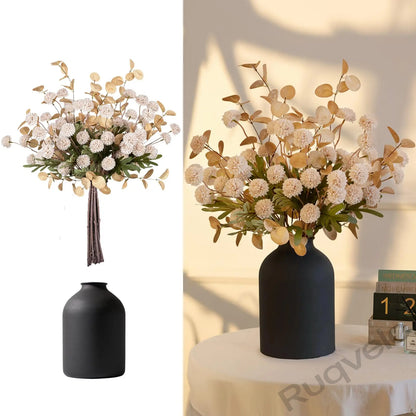 Artificial Flowers in Vase, 12-Stem Faux Mums with Eucalyptus & Pom Poms, Decorative Floral Centerpiece for Kitchen Island, Entryway, Table & Dorm