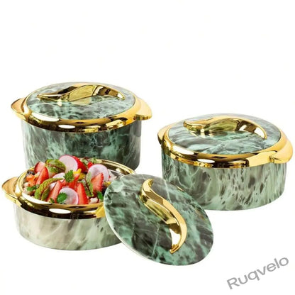 3-Piece Marble Pattern Food Warmer Set, Insulated Stainless Steel Casserole Dishes with Lids, Heat-Resistant Serving Bowls for Buffets, Parties, Soup, Salad & More