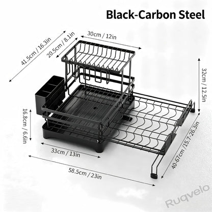 Foldable Over Sink Dish Drying Rack, Expandable Heavy-Duty Carbon Steel Dish Rack for Kitchen Counter, Space-Saving Organizer for Plates, Bowls & Utensils