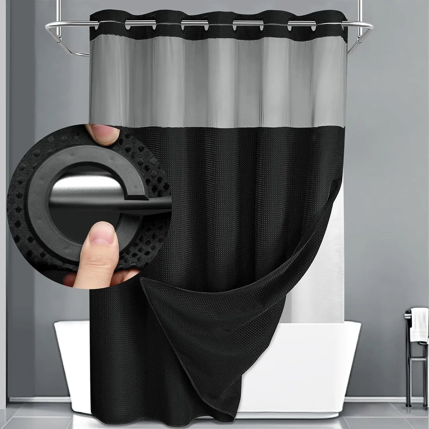 No-Hook Waffle Weave Shower Curtain with Snap-In Liner, Waterproof Double-Layer Shower Curtain with Washable Liner, 72 x 75 Inch, Easy to Install