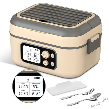 Cordless Electric Heated Lunch Box, 1.5L (6.3 Cups) Portable Food Warmer with 20000mAh Rechargeable Battery, Auto Heating, Smart Timer, Spoon, Insulated Bag & Divider