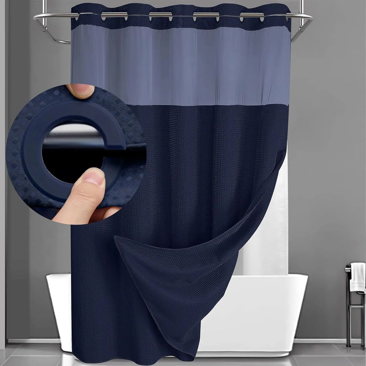 No-Hook Waffle Weave Shower Curtain with Snap-In Liner, Waterproof Double-Layer Shower Curtain with Washable Liner, 72 x 75 Inch, Easy to Install