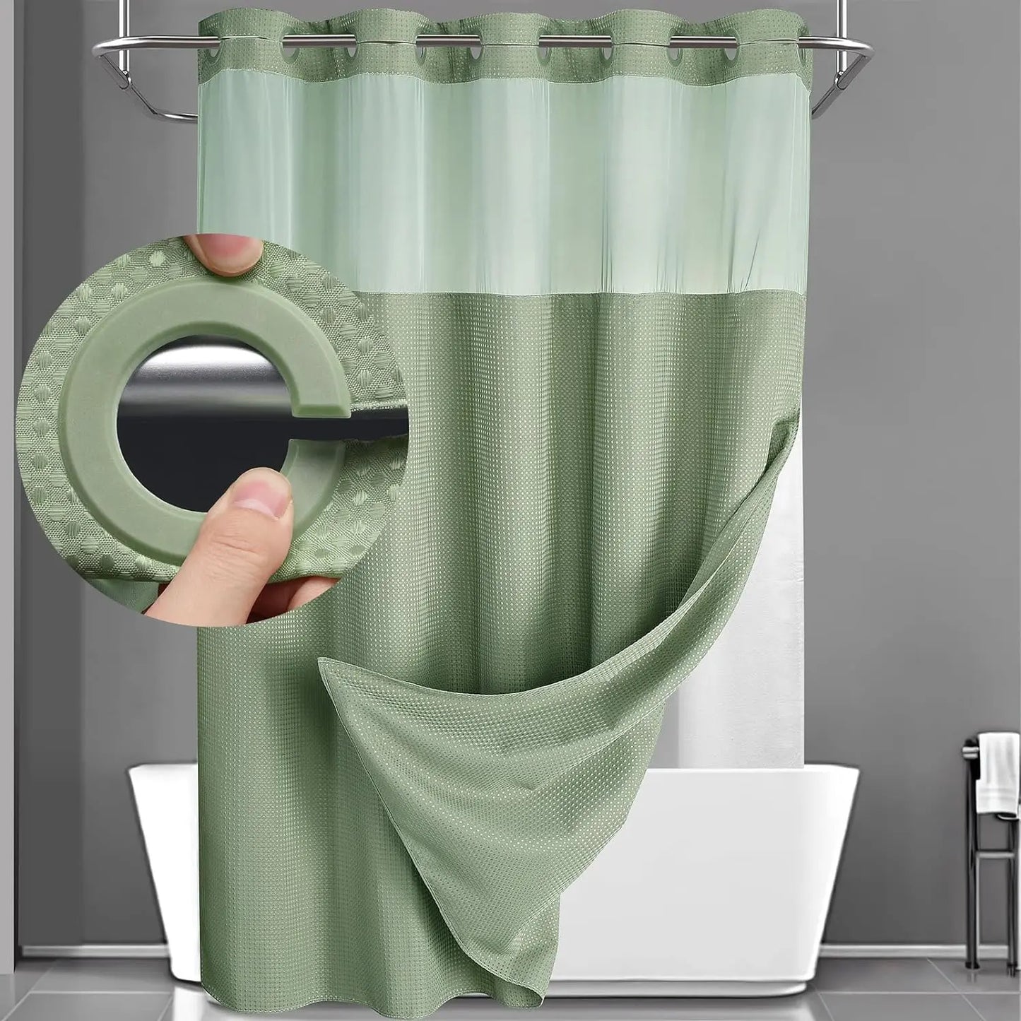 No-Hook Waffle Weave Shower Curtain with Snap-In Liner, Waterproof Double-Layer Shower Curtain with Washable Liner, 72 x 75 Inch, Easy to Install