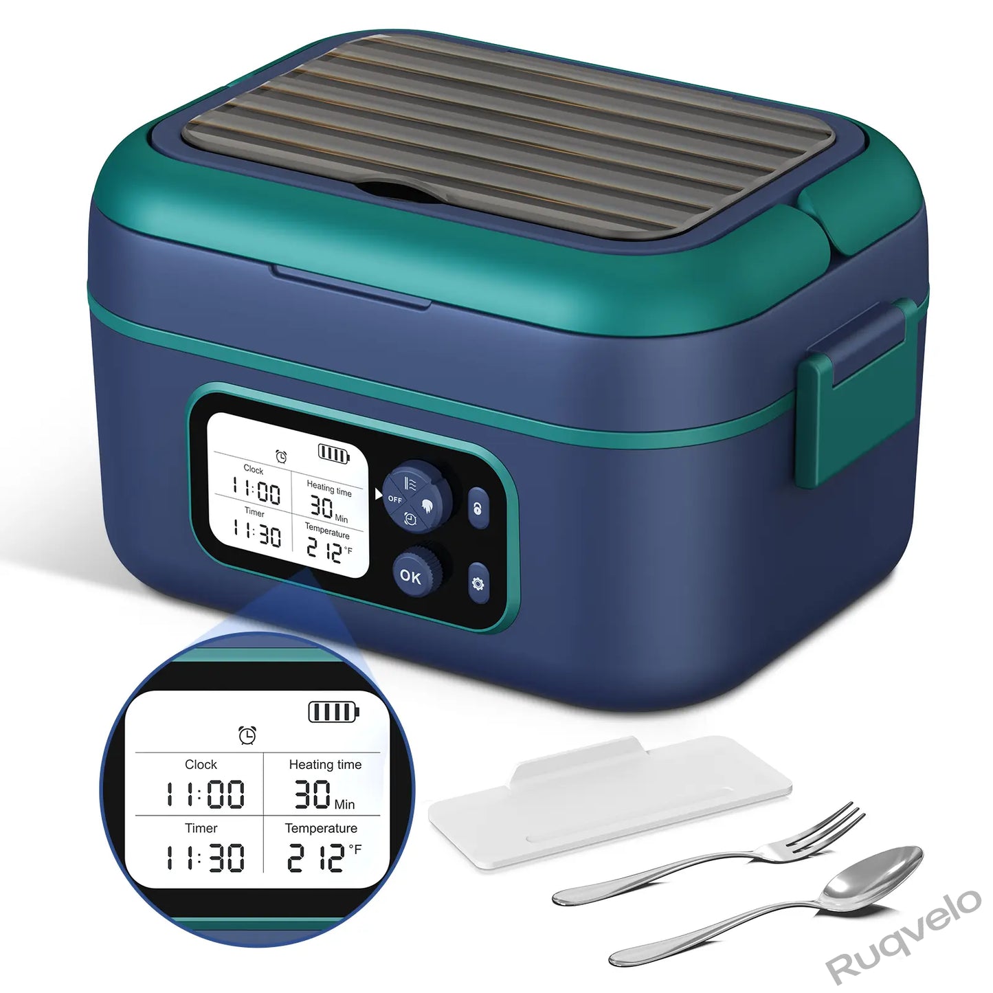 Cordless Electric Heated Lunch Box, 1.5L (6.3 Cups) Portable Food Warmer with 20000mAh Rechargeable Battery, Auto Heating, Smart Timer, Spoon, Insulated Bag & Divider