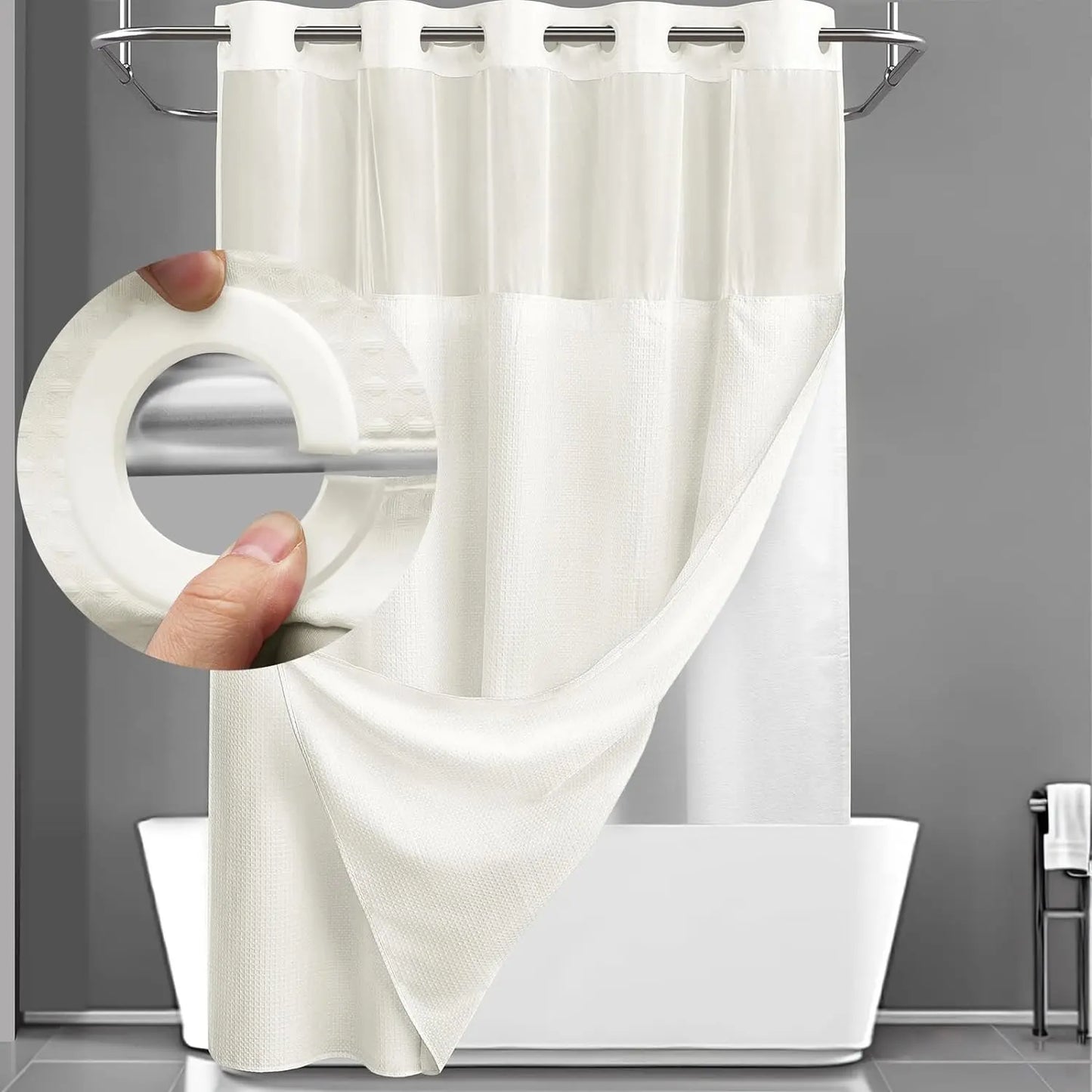 No-Hook Waffle Weave Shower Curtain with Snap-In Liner, Waterproof Double-Layer Shower Curtain with Washable Liner, 72 x 75 Inch, Easy to Install